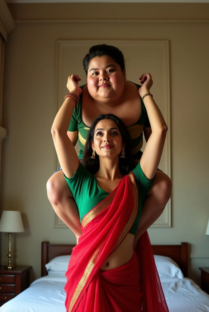 Beautiful and Slim Indian woman Aishwarya Rai in green blouse red saree lifting a large chubby man above her shoulders, man is sitting on woman's shoulders, in a bedroom with high ceiling, natural smile, woman is looking into the camera , full body image