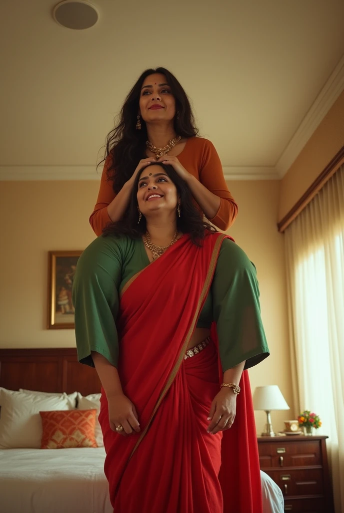 Beautiful and Slim Indian woman Aishwarya Rai in green blouse red saree lifting a large chubby man above her shoulders, man is sitting on woman's shoulders, in a bedroom with high ceiling, natural smile, woman is looking into the camera , full body image