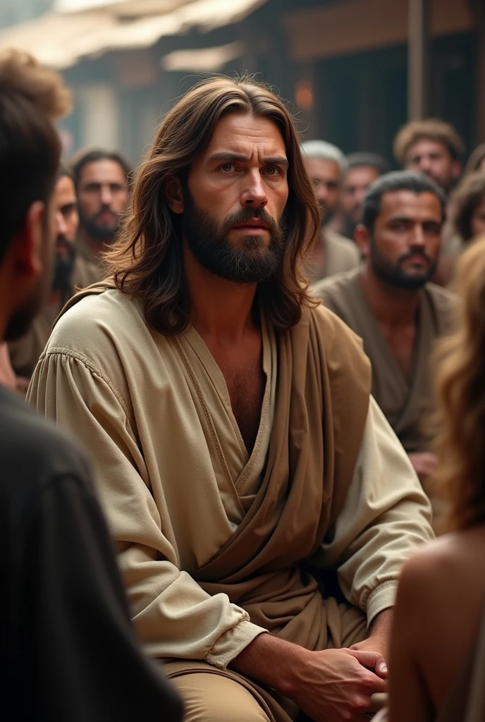 Jesus Christ preaching in an old market, with a lot of people in the distance attentive sitting around, male, bearded, long hair, brown hair, brown eyes, face centered, sunset, portrait, face, gorgeous, perfect composition, gorgeous, detailed, intricate, insanely detailed, octane, rendering, trend, in, art, art, fine art, fine art photography, photorealistic concept art, perfect light,  Soft, Natural, Volumetric, Chiaroscuro, Award-Winning Photography, Artwork