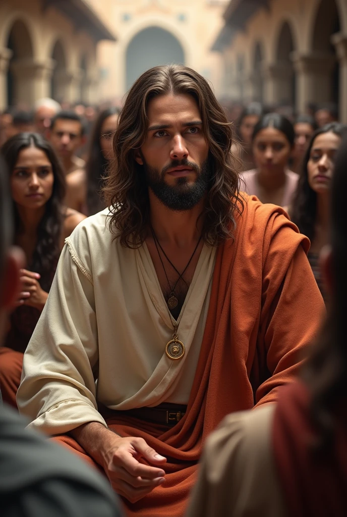 Jesus Christ preaching in an old market, with a lot of people in the distance attentive sitting around, male, bearded, long hair, brown hair, brown eyes, face centered, sunset, portrait, face, gorgeous, perfect composition, gorgeous, detailed, intricate, insanely detailed, octane, rendering, trend, in, art, art, fine art, fine art photography, photorealistic concept art, perfect light, Soft, Natural, Volumetric, Chiaroscuro, Award-Winning Photography, Artwork