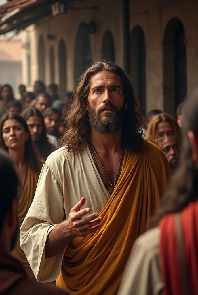 Jesus Christ preaching in an old market, with a lot of people in the distance attentive sitting around, male, bearded, long hair, brown hair, brown eyes, face centered, sunset, portrait, face, gorgeous, perfect composition, gorgeous, detailed, intricate, insanely detailed, octane, rendering, trend, in, art, art, fine art, fine art photography, photorealistic concept art, perfect light, Soft, Natural, Volumetric, Chiaroscuro, Award-Winning Photography, Artwork
