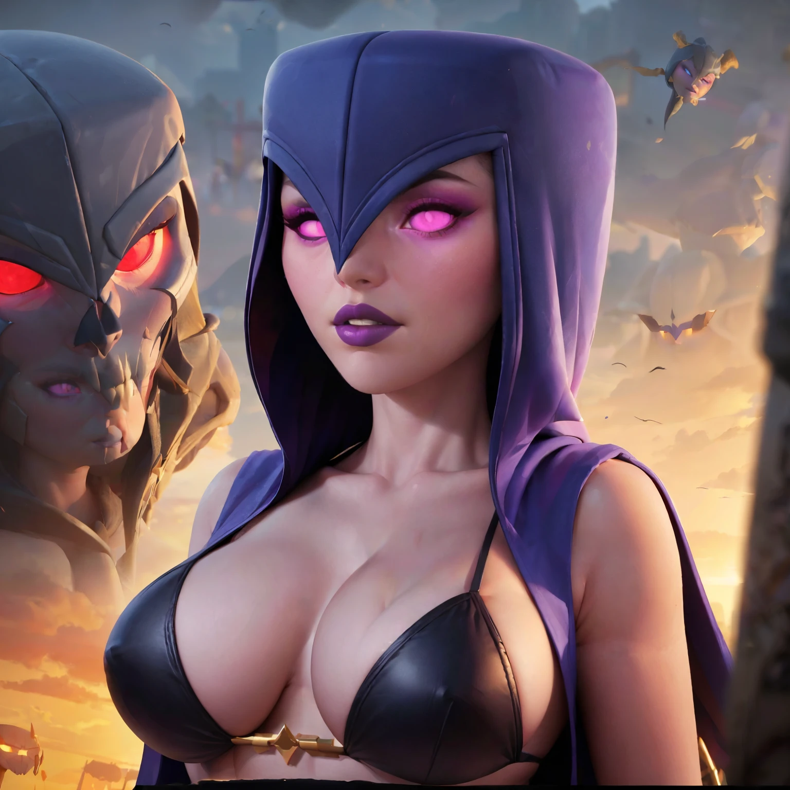 (masterpiece), best quality, expressive eyes, perfect face, Witch from clash of clans , 30 year old women, purple lipstick,glowing eyes ,facing towards screen  parted lips  feminine figure body wearing short  and colorful bikini , beautiful expressive eyes ,  4k backlighting, 