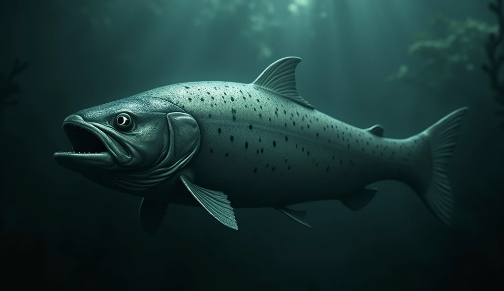 There is a shadow、Fish salmon、The fish has small black spots on its body.、Horror、His eyes are shining、There are no humans
