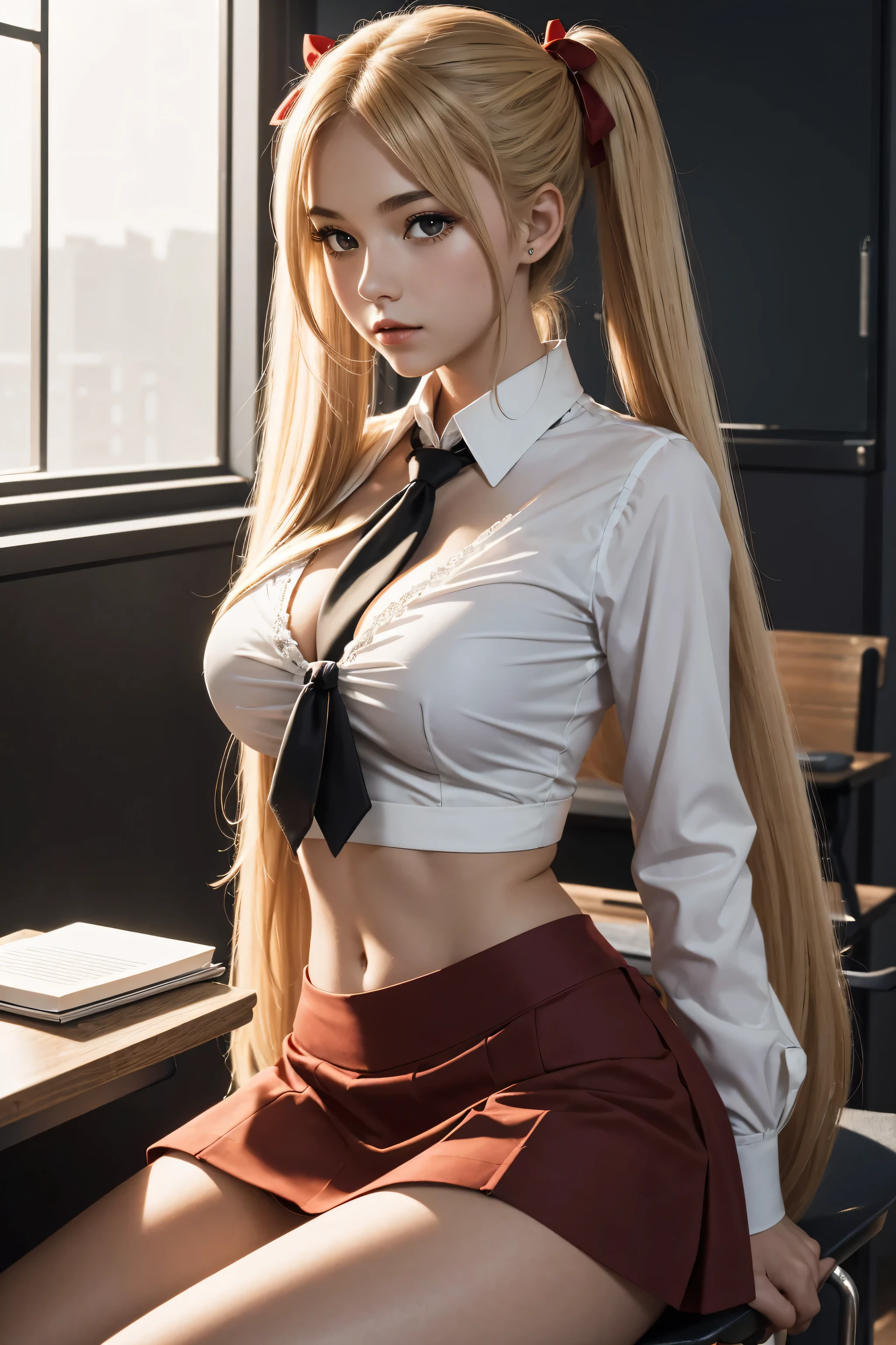 masterpiece, highres, high quality, extremly detailed,
american age girl, long blonde hair, red miniskirt, black ribbon, white shirt, red tie, hair in pigtails. innocent, exposed stomach, cleavage,
side lighting, low key, high contrast, high saturation,
in a school classroom, sitting behind a small desk. hand pulling her blouse cleavage down.
extreme detailed,(fractal art:1.3)