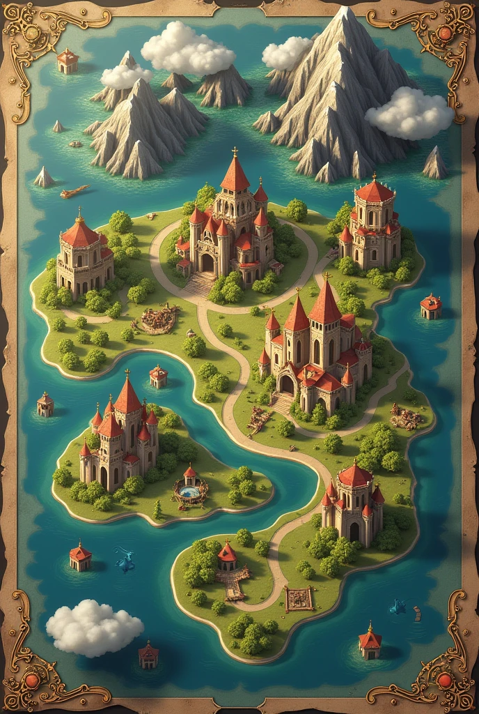 Generates an image of a map of a fantasy world with five kingdoms: solarium, Glory, Alfea, Batrum and Yamir, also two great empires: Shinso y Cat
