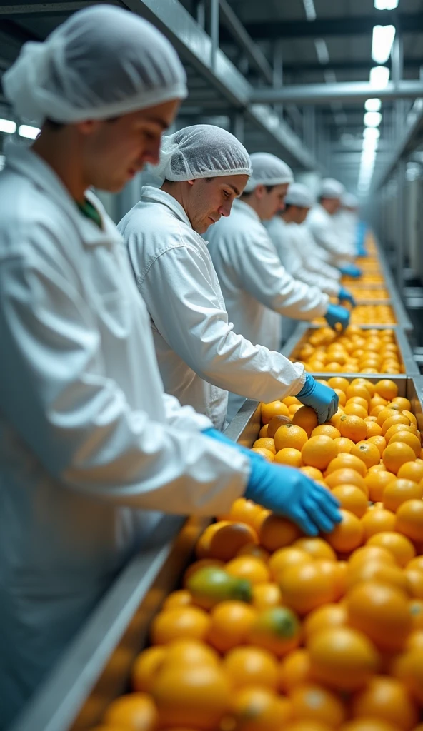 create an image where there are many workers wearing PPE such as caps that completely cover their hair, these workers don't have beards, they wear apron, mitts, and are working in a fruit processing agroindustry.