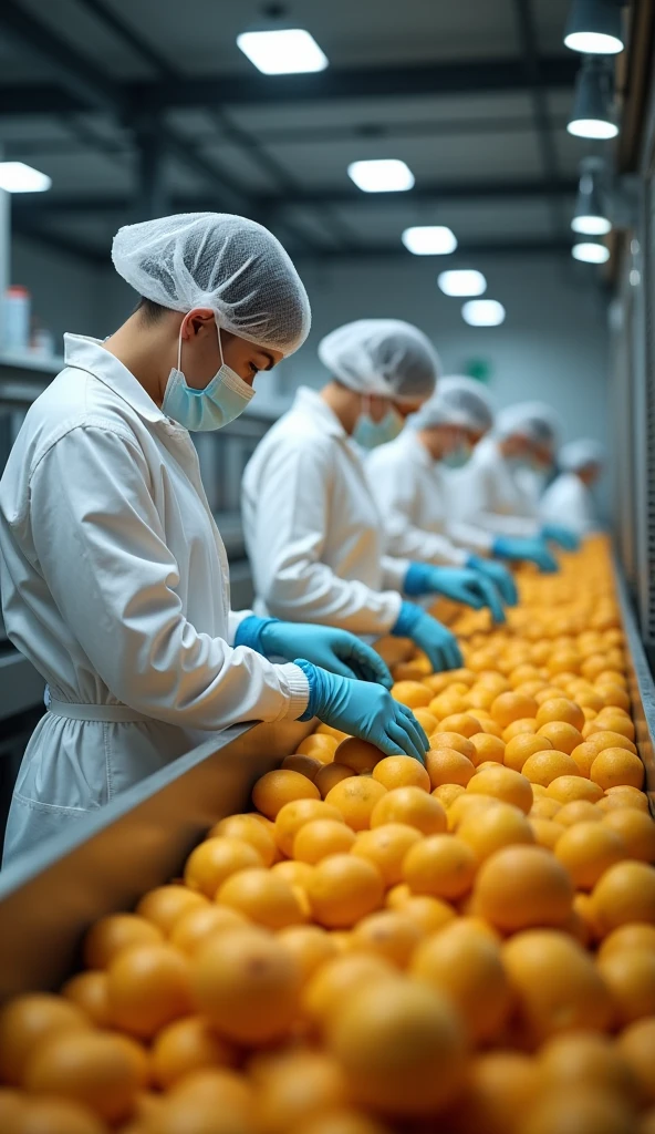 create an image where there are many workers wearing PPE such as caps that completely cover their hair, these workers don't have beards, they wear apron, mitts, and are working in a fruit processing agroindustry.