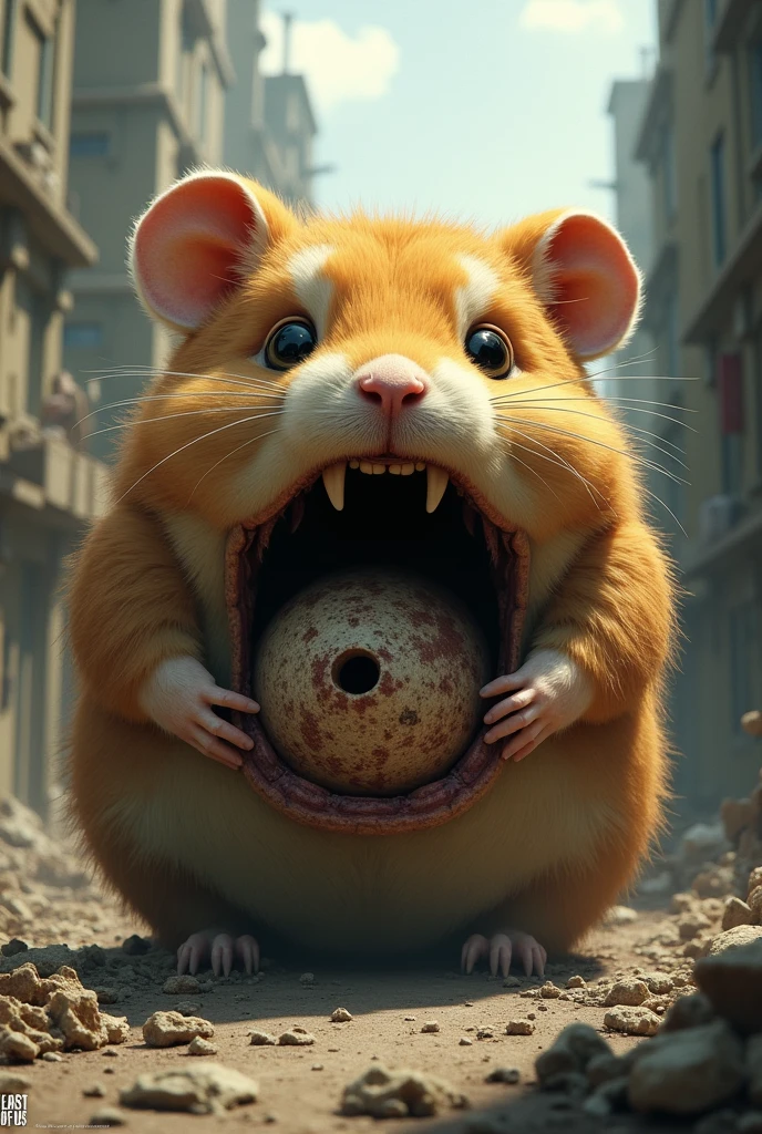 Un grosso criceto che viene mangiato da un clicker di the last of us