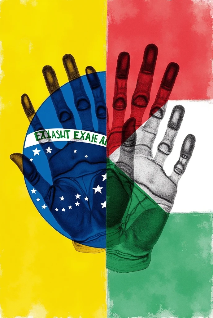 half brazilian flag, half of the palestinian flag covering the entire space. the design is as if it were a drawing making half of each flag cover the entire space. something very simple . In this drawing I want to put the drawn hands of my 80 students stamped with ink on the drawing already made with the colors of the flag..