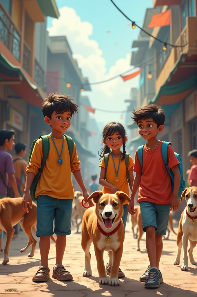 A dog helping Group with three boys and one Girl helping the street dogs in streets of india
