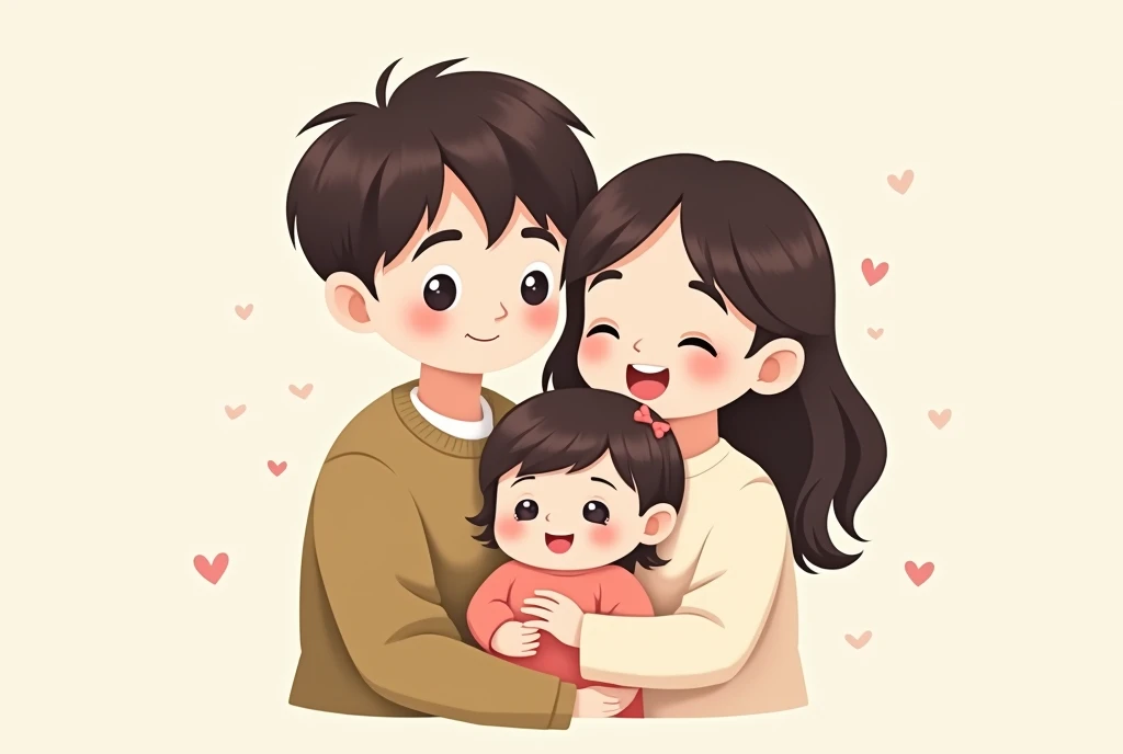 Cartoon image of a family of three, parents and daughter, cartoon, cute cartoon, cute cartoon style, motherly love, cute illustration, clean anime art