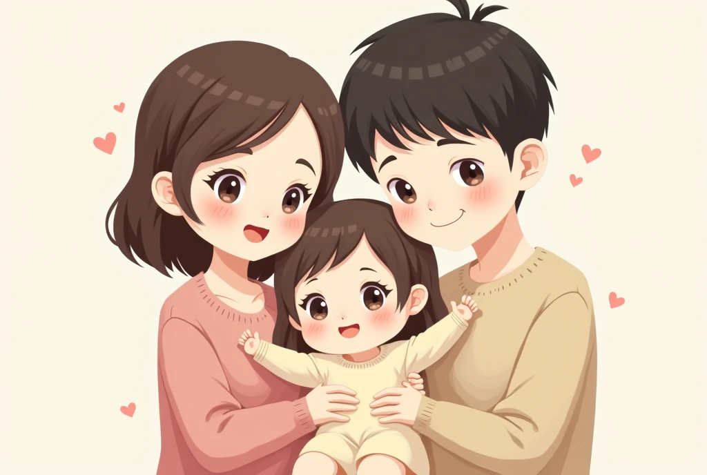 Cartoon image of a family of three, parents and daughter, cartoon, cute cartoon, cute cartoon style, motherly love, cute illustration, clean anime art