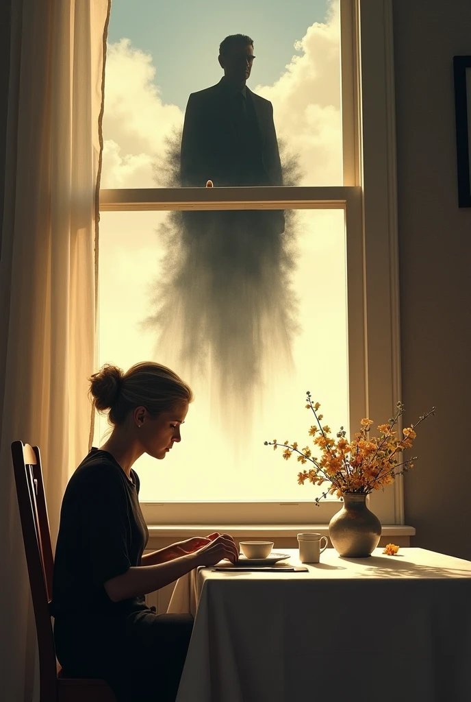 A widowed lady having breakfast in the dining room and in the sky her husband dressed in black