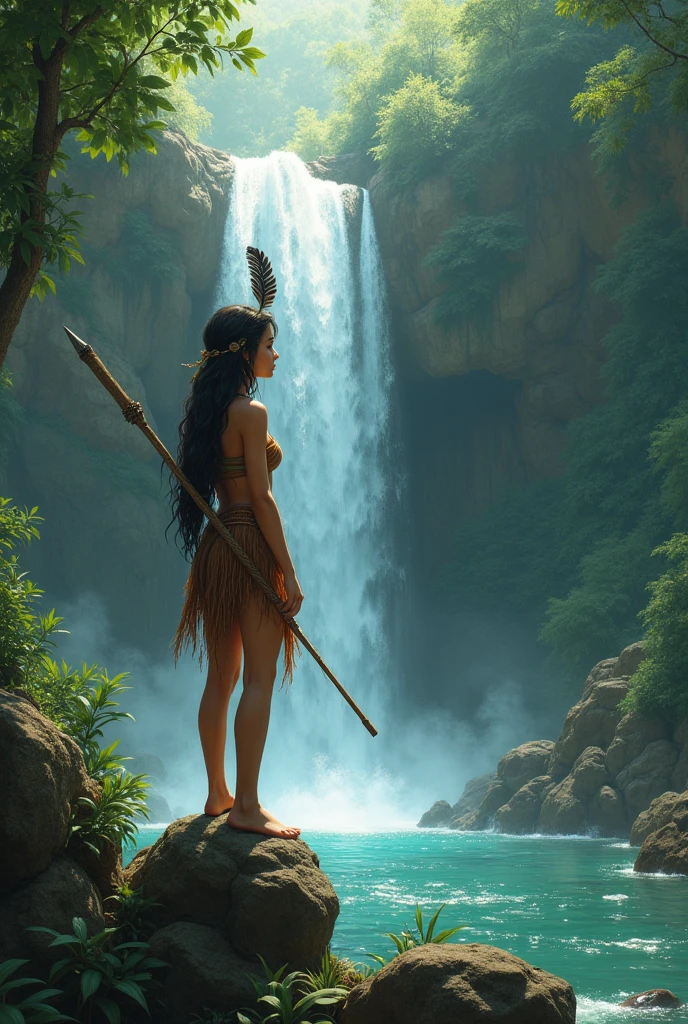 A young cabocla with a feather on her head and holding a spear, at a forest, on top of a small rock looking at a waterfall
