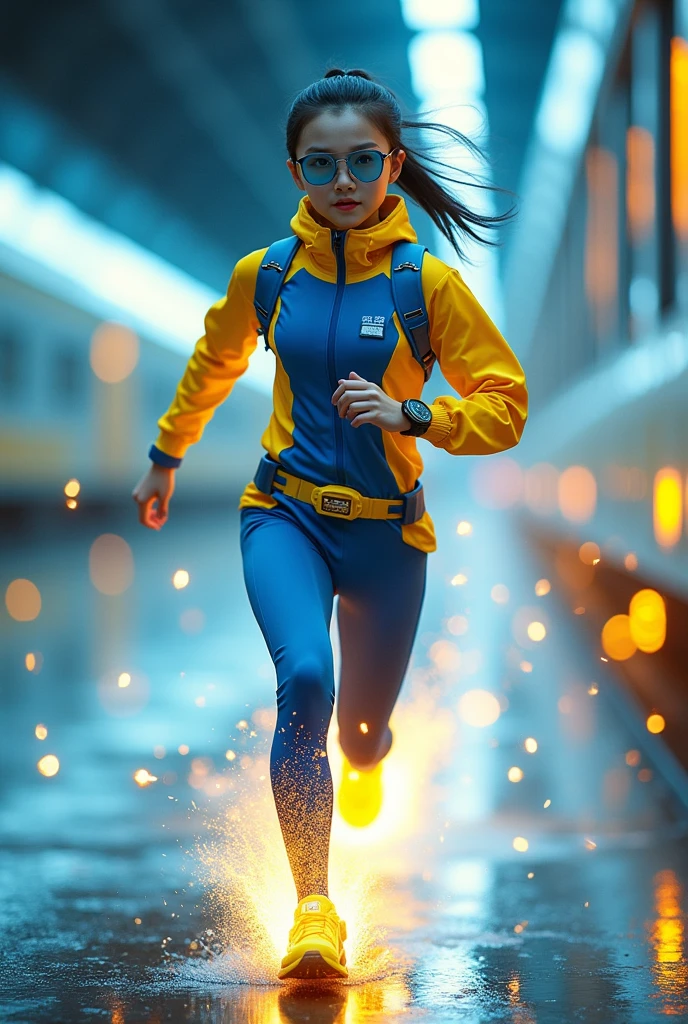 Chinese japan women average age wear jumpsuit high tech(( blue yellow)) age 15. high tech belt. ))Running effect. flat chest. Glowing yellow power.((wear jacket blue))short girl. Runfast effect. saggy breast open zip.. ((Wear blue big round glasses big frame)).running speed of light . latex suit. big tight. running athlete.pontytail hair. Braces teeth. train rail .Bokeh background. Panning effect. Yellow high tech watch. a beautiful young chinese women, , wearing a high-tech blue and yellow very tight jumpsuit. wear jacket bomber jacket blue yellow, venus body type.. unning with style pose . ,floating water pallet, photorealistic.(( fast train effect))detailed facial features, long hair, elegant pose, dynamic lighting. glowing body yellow lightning effect, 8k, award-winning digital art, intricate details, vibrant colors, cinematic composition. very fasr run, highly detailed. light trail effect. speed of light. froze time effect. at the city.run water . spash water. the girl run fast on wet road. background speed of light((.knee cover shield ))