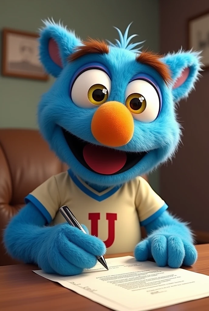 a cheerful blue Sesame Street character, Pancho Contreras, with yellow eyes with black pupils, an egg-colored nose, brown eyebrows, wearing a cream-colored soccer jersey with a cherry-colored U, signing a contract.