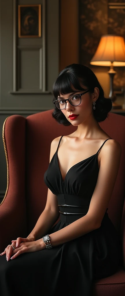 1940s elegant lady, sophisticated trophy wife, femme fatale, bangs hairstyle, formal dress gown, sitting on throne, formal posture, glasses, quaint, elegant, portrait, high quality, realistic, photorealistic, 8K, vivid colors, studio lighting, chiaroscuro, dramatic lighting