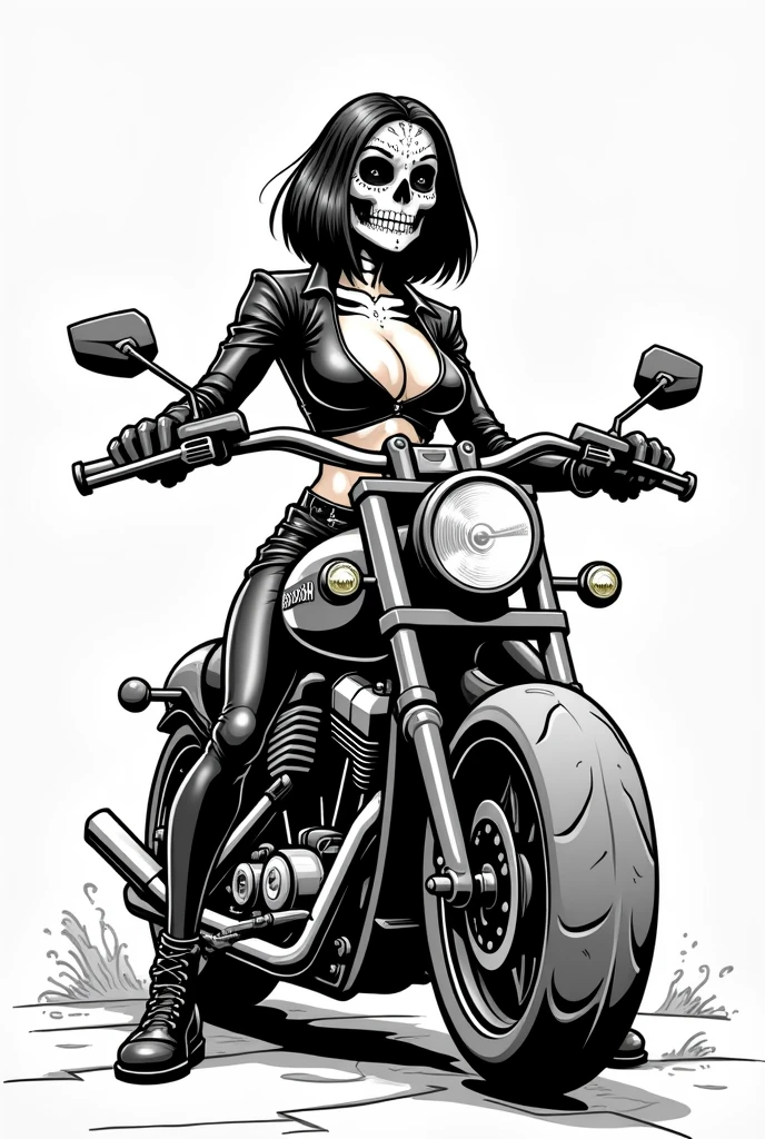 (Black and white doodle style cartoon) Holy Death, mexican skull face, Short straight hair, empowered woman, leather outfit, motorcyclist, moto custom