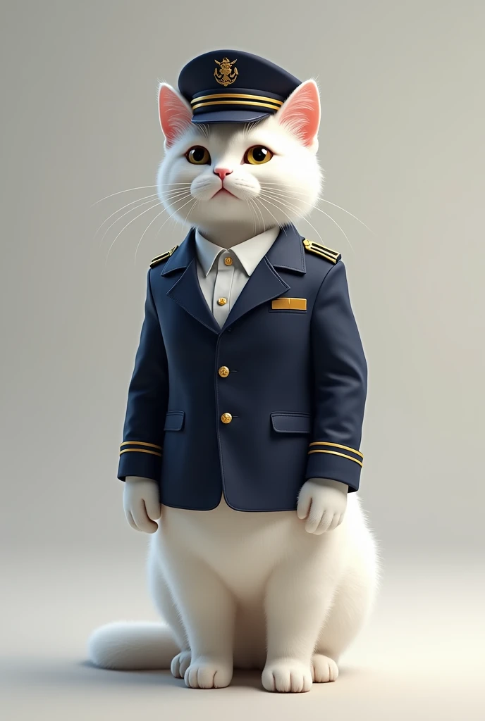 White cat dressed as a cabin attendant upright