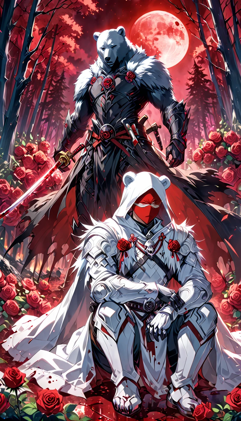 A man with a white hood with bear ears and a katana sits next to a polar bear in a forest while the blood moon shines, many Roses cover the ground and lightning falls from the sky. The man wears a red blindfold.