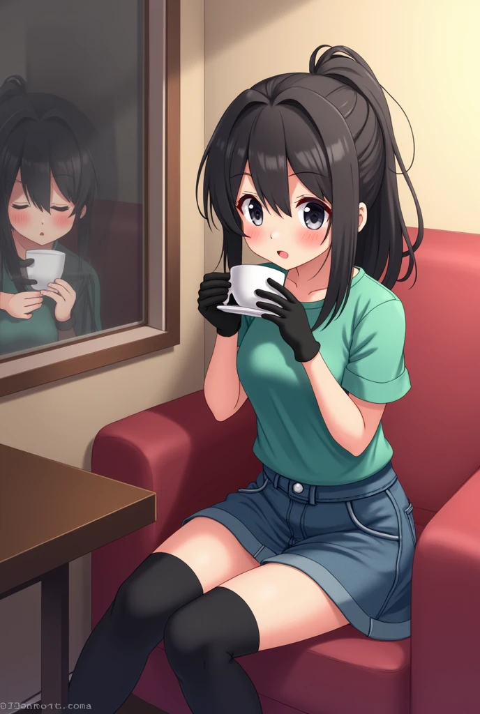 Anime girl Ayato Aishi drinking coffee. (you are cute lesbian girl to her that she love) Ayano Aishi has pale skin, dark grey eyes, and straight, mid-back length black hair. She stands at a height of 165 cm (5 ft. 5 in), weighs 43.5 kg (96 lbs.), and has average-sized breasts. Her hair is tied into a high ponytail with sharp bangs swept to the right, the middle one being the most prominent, and two strands of hair that frame her face, reaching to her shoulders. Ayano will wear a teal-green shirt, blue denim skirt, black thigh high socks, black gloves, and sneakers.