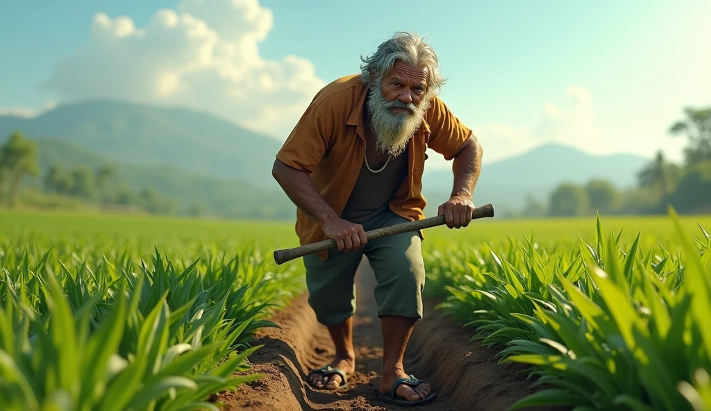 Ramu, a hardworking and honest farmer, working in the field. His face shows the signs of hard work and the greed of wealth in his eyes.