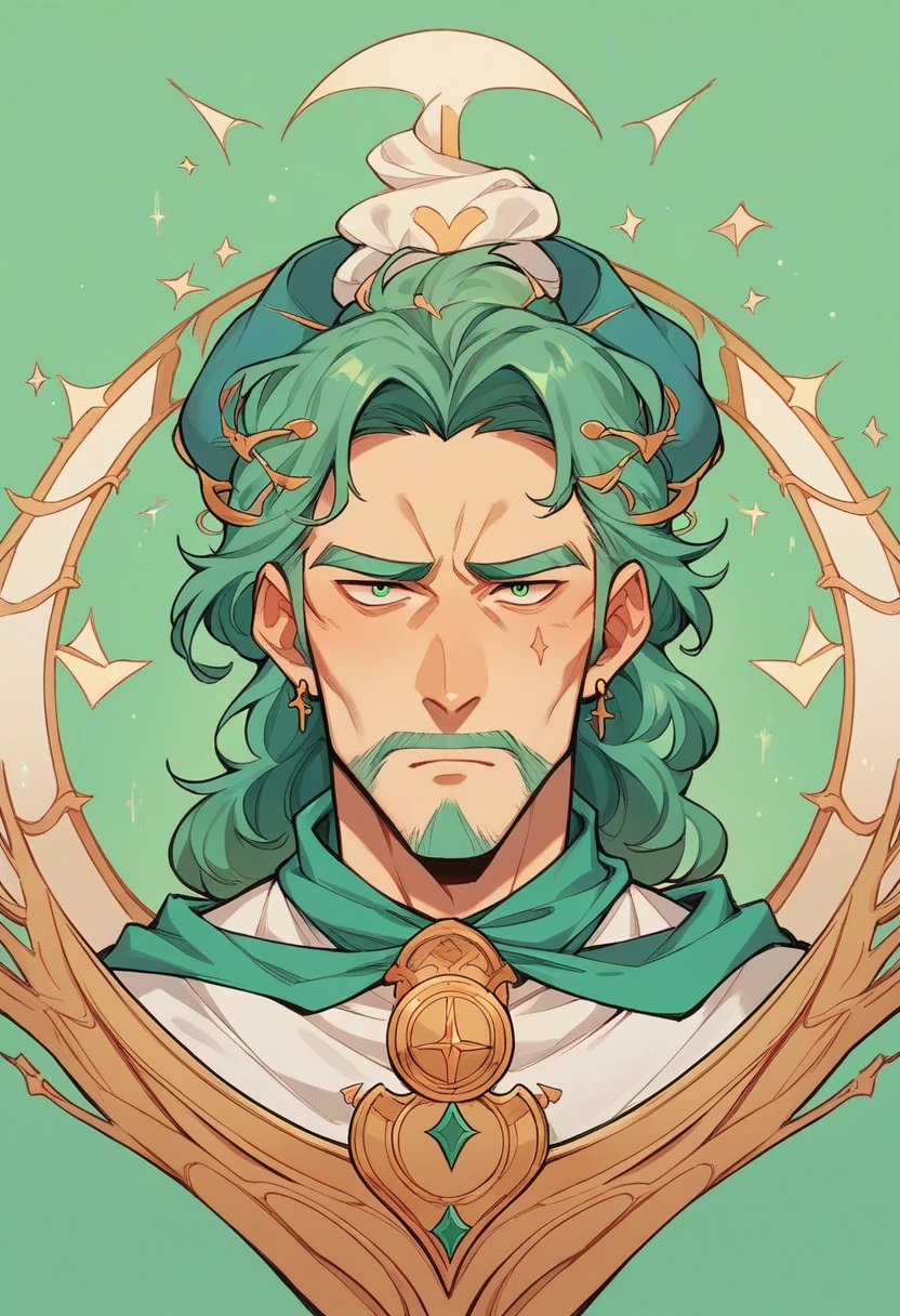 Generate a humanized and serene face of a man resembling Jesus Christ with a green background