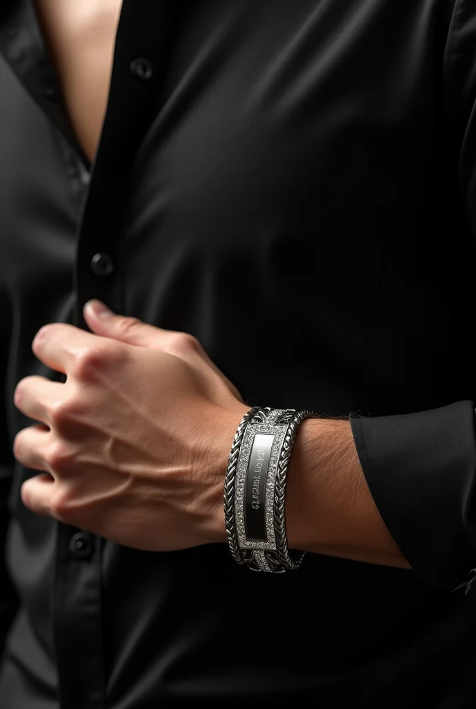 Jewelry bracelets men's bracelet, Plata, braided rhinestones on the edges, writings in the center Clayton Du Lord The black model wears a black shirt