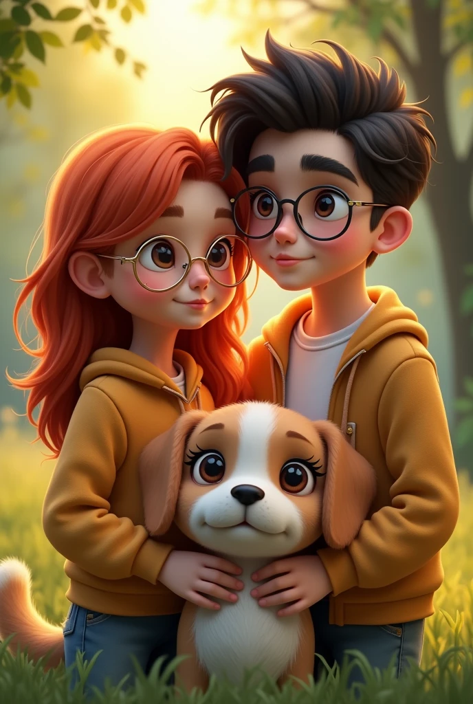 Redhead girl, without pompadour, with gold glasses, with her dark brown-haired boyfriend with very thick eyebrows and silver-colored glasses, with his medium-sized, almost white beige dog