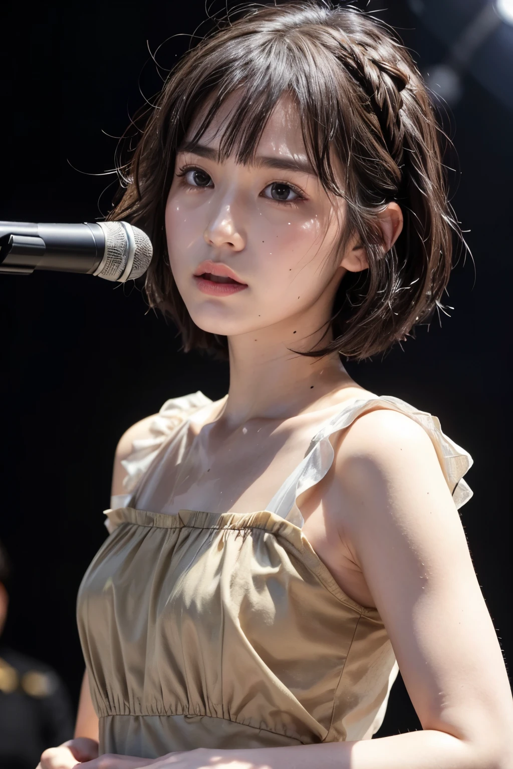 realistic, on the stage of the concert, singing emotinally, brightly lit by spotlights on the stage, dim lighting, wearing black dress, short bob hairstyle, very light brown hair, hair is blowing in the wind, hair is shaggy and dishevelled, beautiful white-colored translucent skin, sweat splashes, slendar figure, heavy and vivid makeup, kawaii makeup, small nose, smooth shaped jawline, glossy face, heavy flushed cheeks, serious look, no smile, sad expression about to burst into tears, close up shot