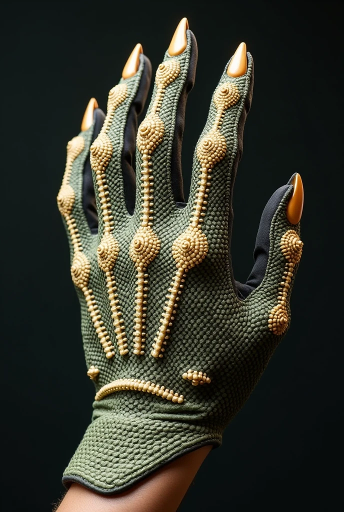 a glove inspired by the lizard's paw, show a division in the middle of the finger where there will be keratin hairs on each finger