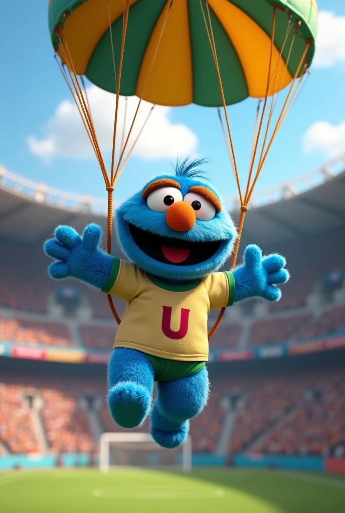 a cheerful blue Sesame Street character, Pancho Contreras, with yellow eyes with black pupils, an egg-colored nose, brown eyebrows, wearing a cream-colored soccer jersey with a cherry-colored U, falling into a soccer stadium by parachute from a helicopter.