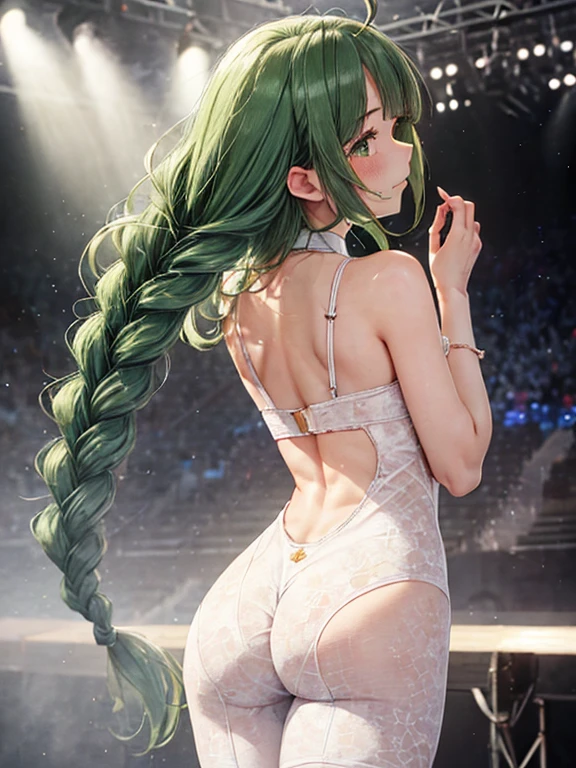 on stage,full body,{{{bunny hip}}},{{{bunny back}}},{{{white bunny suit}}},from back, yugumko, looking away, green hair, long braid, (((masterpiece))), Diffuse Light, Dynamic Shadows, Sharp focus, Genuineistic, detailed, High resolution, Absurd, White Background, very good, photoGenuineistic, Genuine, mascara, blush, Sleeveless, like々New Look, (((Place your hands behind your back)))
