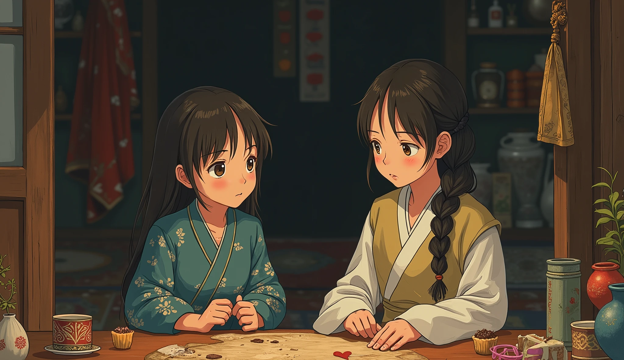 Depict a contrast between two siblings in a style similar to Princess Mononoke. Show the older sister as responsible and hardworking, overshadowed by the younger sister who is being excessively pampered. The parents should appear distant or preoccupied, with a sense of favoritism being apparent. The setting should reflect the disparity in treatment, with celebratory elements surrounding the younger sister and a more somber tone around the older one.
