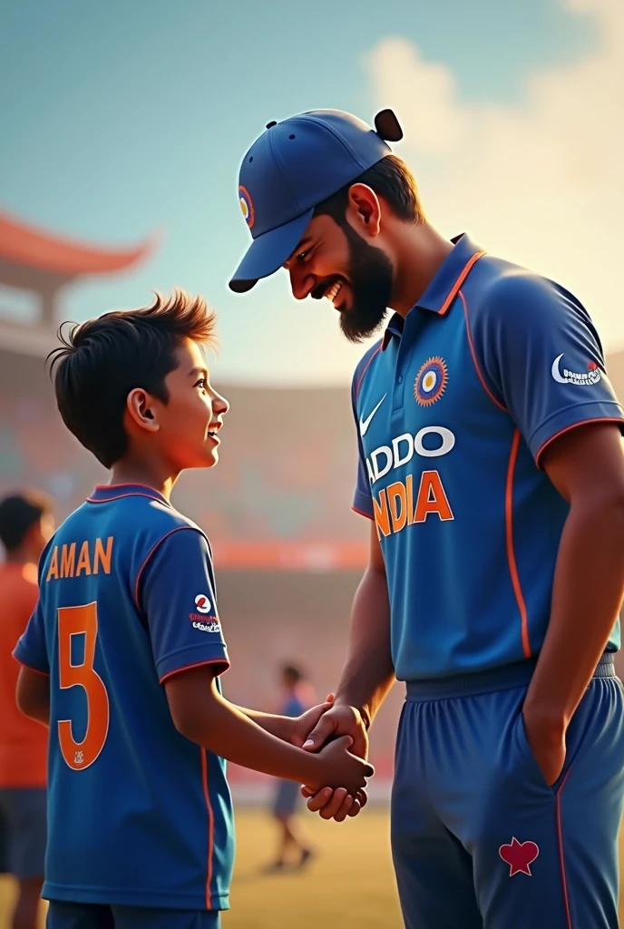 A boy wear Aman name jersey and meet with Rohit Sharma cricketer which wear india name jersey