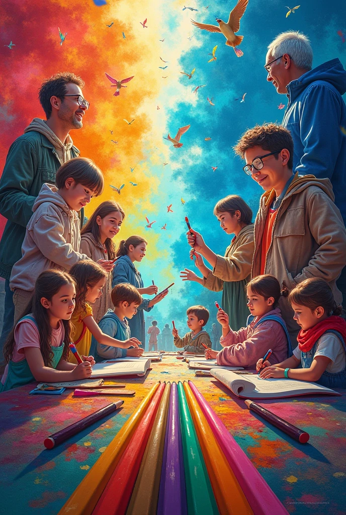 Make an advertisement for colored pencils, very colorful, showing the quality and durability of colored pencils for all age groups.