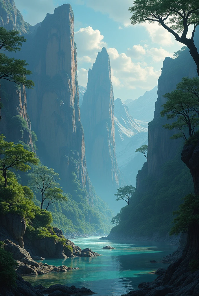 **On the continent of the evening:**
Vesperis is a continent where time is a tangible and malleable force, woven into the very essence of nature. The landscapes of Vesperis are constantly changing, as if the continent itself breathed in endless cycles of rebirth and decay. dense forests, lofty mountains, and deep valleys change shape and color as time flows in unique ways, creating a mosaic of life and death, growth and erosion, In an eternal cycle.
In the evening, the concept of seasons is not linear, but rather circular and interconnected. A forest that is now in full spring, full of flowers and life, he can, in a matter of days, turn into a deep winter, with leafless trees and frozen rivers, only to be reborn again in a continuous cycle. This flow of time is driven by the “Time Sources”, sacred places where time seems to emerge and recede, like a river, creating waves that spread across the continent.
**Landscapes and Environments of Vesperis:**
The landscapes of Vesperis are incredibly varied, com florestas exuberantes, where trees seem to grow and age in a matter of hours, mountains that rise and fall in the course of a single day, e lagos que he canm evaporar e encher-se novamente em um piscar de olhos. in some areas, time seems frozen, creating forests of crystallized trees and waterfalls eternally suspended in the air, while in others, time runs in a spiral, causing distortions where creatures and plants exist in multiple states simultaneously.
One of the most notable regions of Vesperis is the "Valley of Temporal Mirrors", where large bodies of water reflect not only the present, but also the past and the future. These mirrors are revered as portals to other times., allowing inhabitants glimpses of events that have happened or are yet to come. However, these visions are fragmented and mysterious, understood only by those who