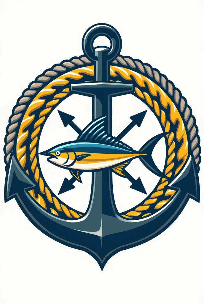Make a circular shield with a sailfish in the center with an anchor at the bottom and the 4 cardinal points in the background. The outline of the shield has to be a yellow rope with a chain at the top. The anchor does not have to come out of the shield. The design should be simple and not realistic or in 3D.