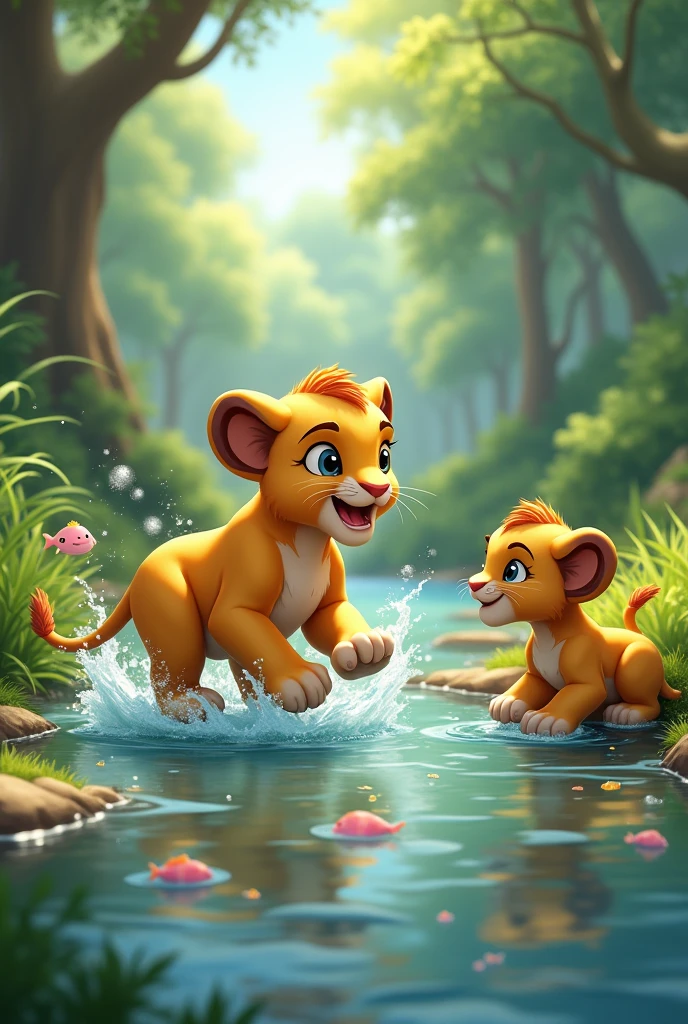 Wijji the baby lion playfully splashing in the stream, and Elli crouched by the water’s edge, watching small fish swim.