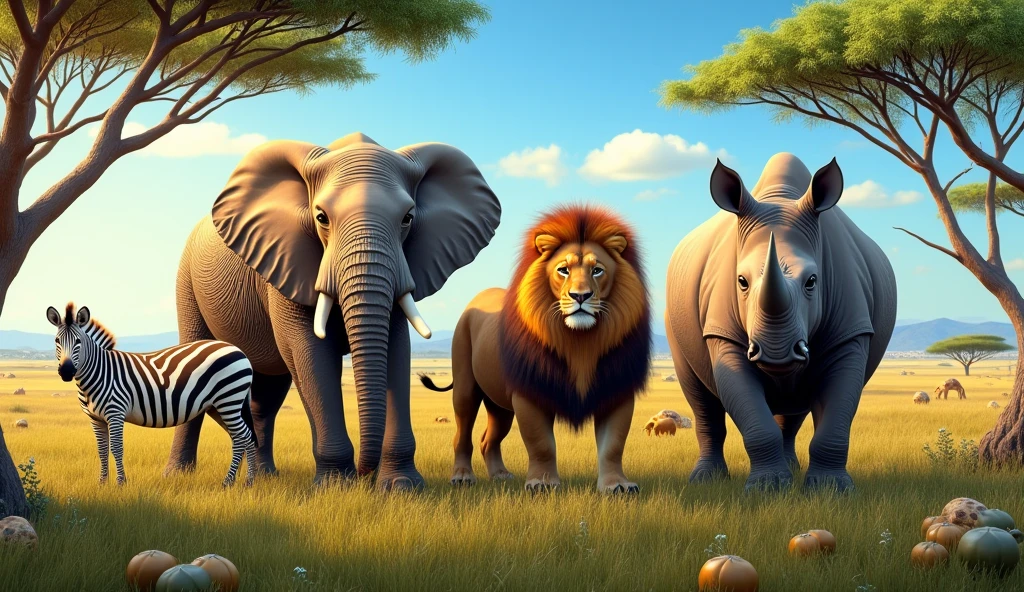 elefant, zebra, lion and rhinoceros inside a green savannah.