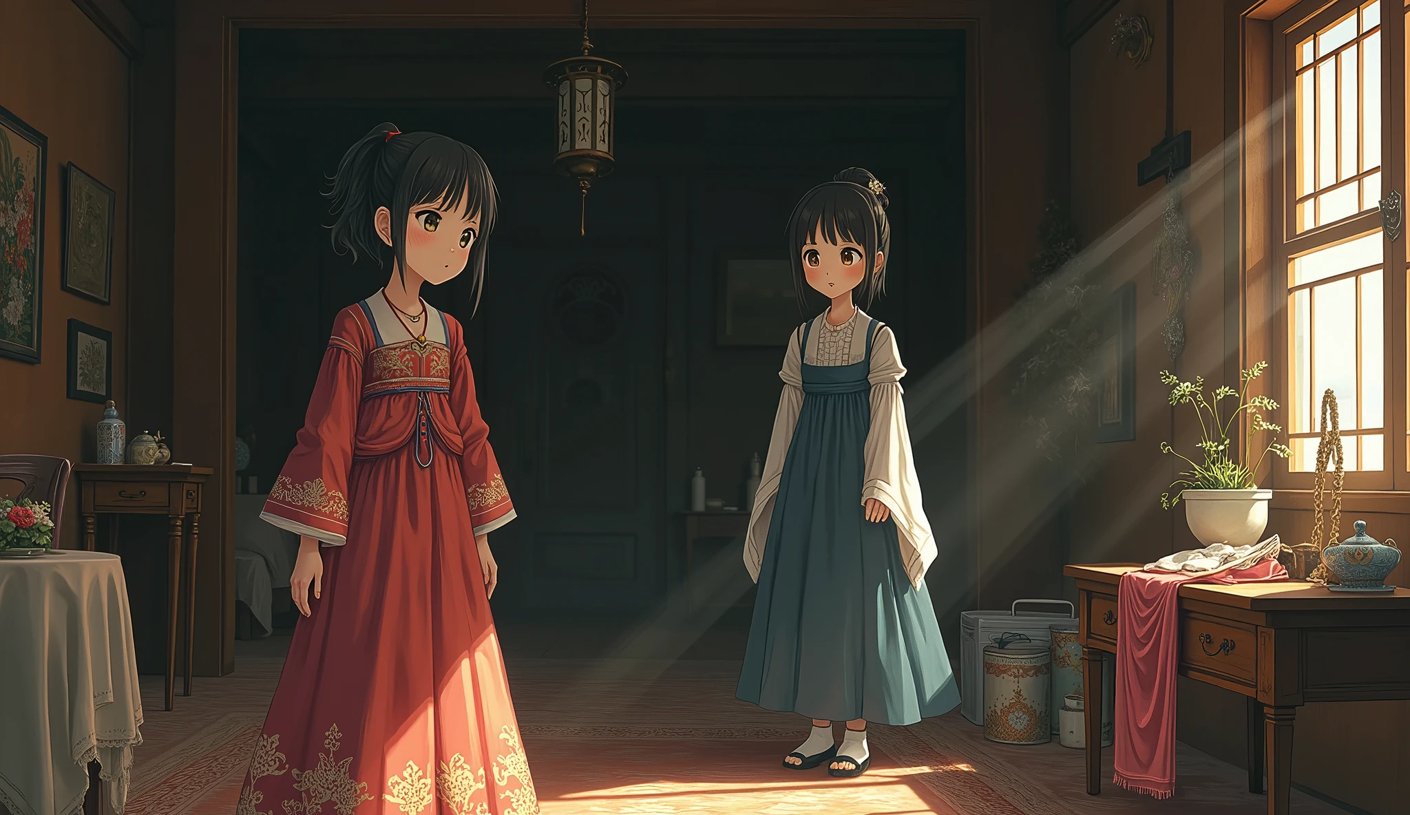Depict a contrast between two siblings in a style similar to Princess Mononoke. Show the older sister as responsible and hardworking, overshadowed by the younger sister who is being excessively pampered. The parents should appear distant or preoccupied, with a sense of favoritism being apparent. The setting should reflect the disparity in treatment, with celebratory elements surrounding the younger sister and a more somber tone around the older one.