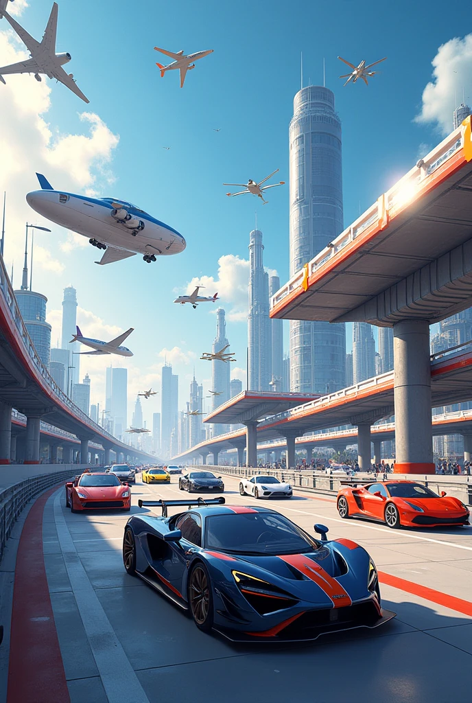 a professional artwork for a 10 year invitation of a laboratory on the theme of 3d mobility, with racing cars, planes, trains, ships and assistive technologies