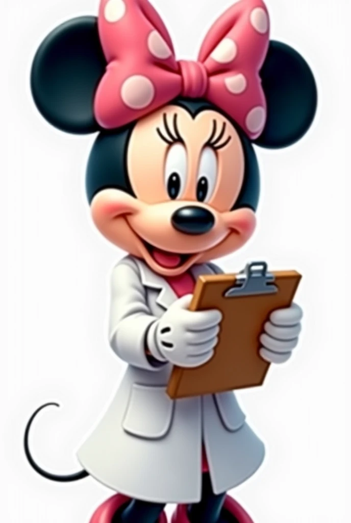 create an illustration of disney minnie wearing a white coat holding a clipboard, with transparent background