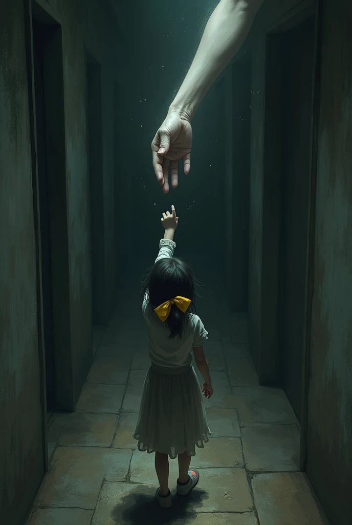a girl with a yellow bow in her hair is reaching the end of a dark corridor, where there is a hand extended to her, offering her help to escape the darkness