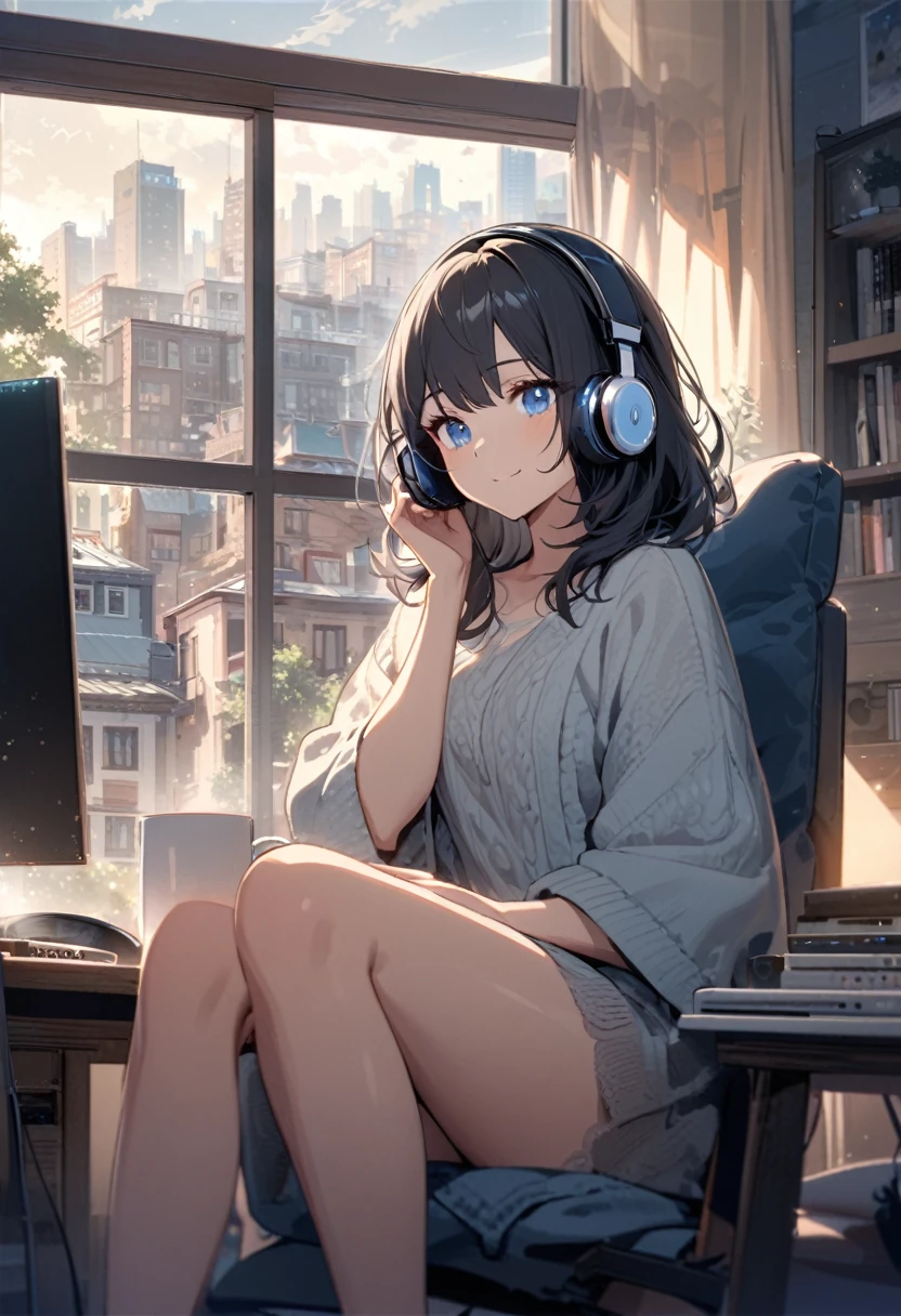 Beautiful woman, alone, A gentle smile on her face, Black Hair, blue eyes, Beautiful legs, underwear, Beautiful depiction,A woman sitting in front of a computer in a cozy bedroom, A woman listening to music in a cozy room. (noon), Use headphones, (beautiful noon views from windows), city,Very detailed
