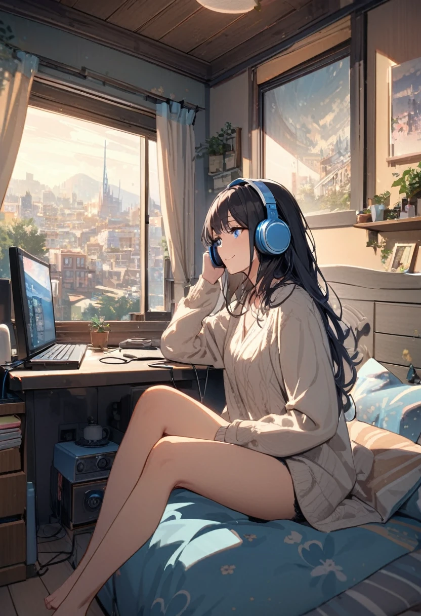 Beautiful woman, alone, A gentle smile on her face, Black Hair, blue eyes, Beautiful legs, underwear, Beautiful depiction,A woman sitting in front of a computer in a cozy bedroom, A woman listening to music in a cozy room. (noon), Use headphones, (beautiful noon views from windows), city,Very detailed