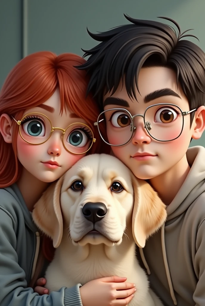 Redhead girl without a quiff with gold glasses, with her dark brown-haired boyfriend with very thick eyebrows and silver-colored glasses,  with her medium-sized, almost white, beige male dog