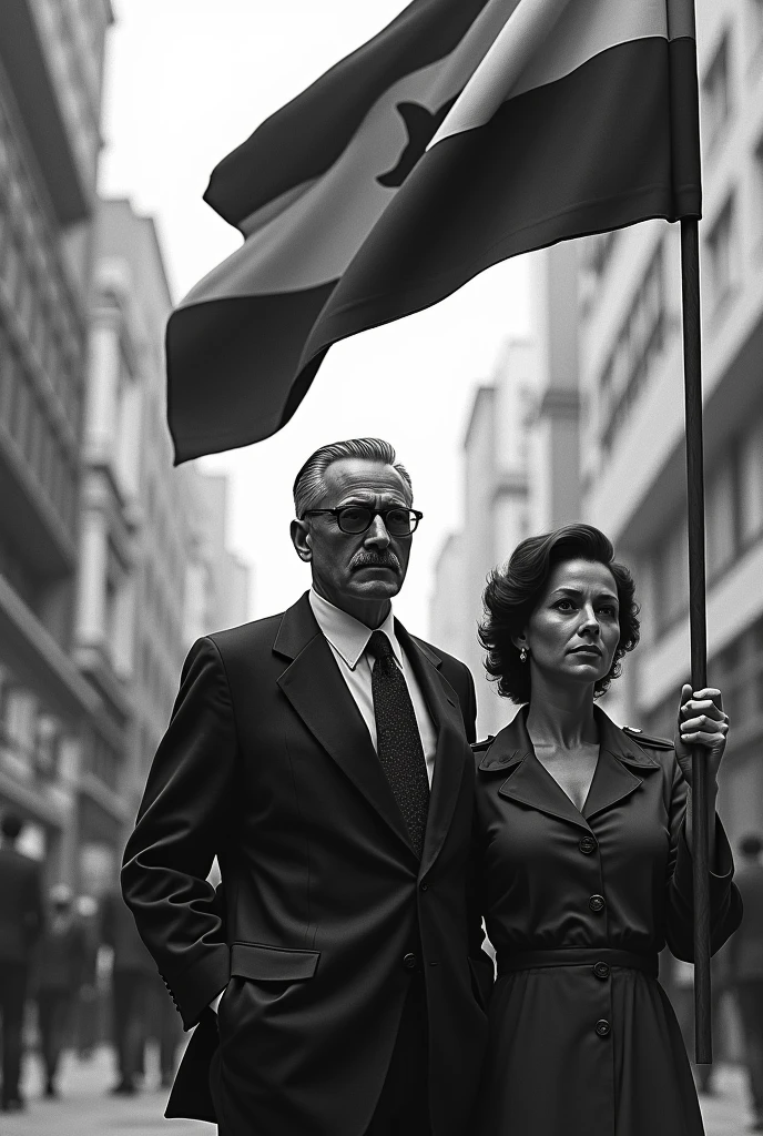Luís Carlos Prestes and Olga Benario in Rio de Janeiro with black and white socialist flags
