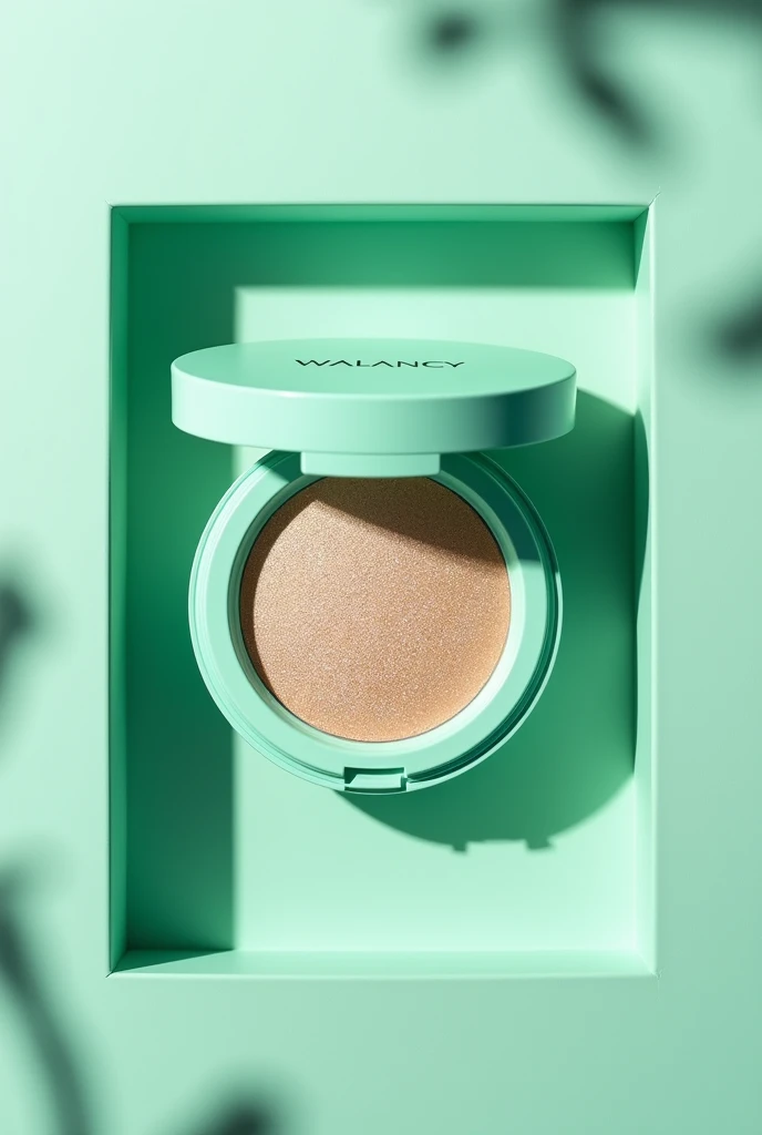 A photo of makeup highlighter, for a brand called Walancy, in water green packaging