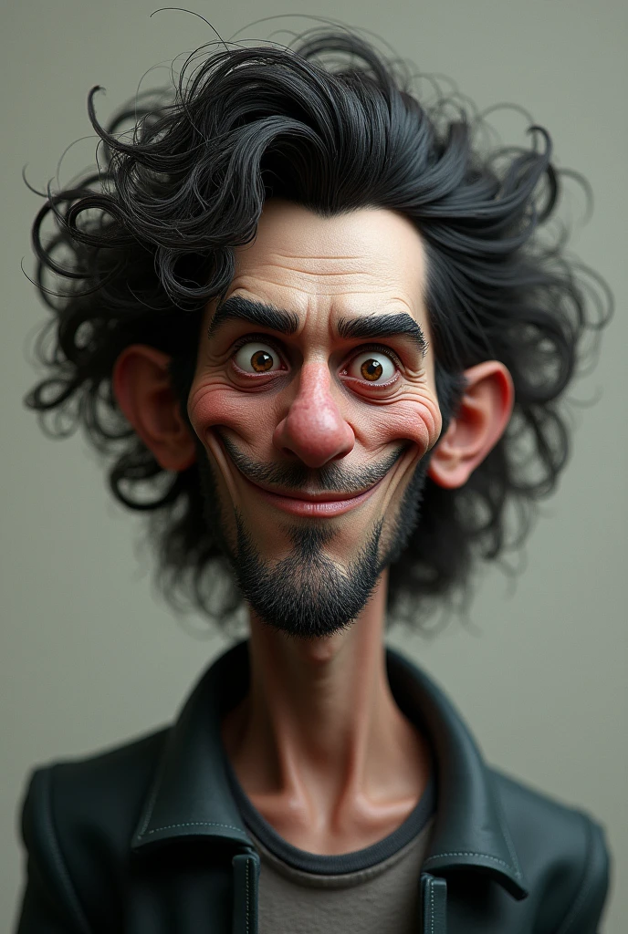 make a man dark, with curly hair and a mullet cut, that is moderately high, be funny